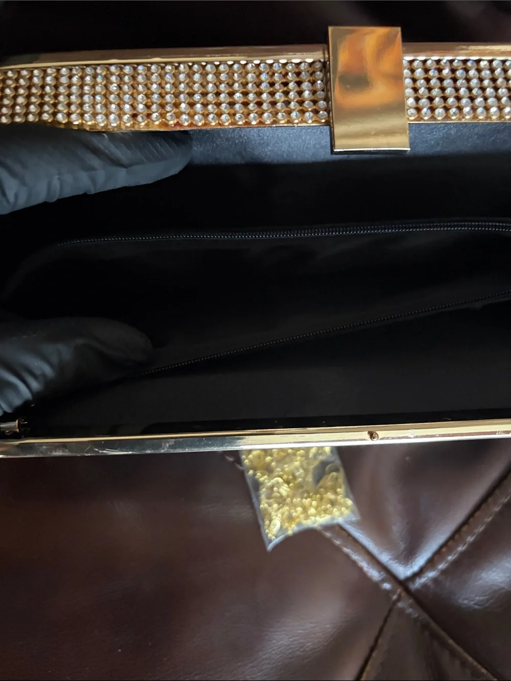 Quilted Black Women's Clutch with Gold and Rhinestone Trim